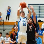 NICOLE SHANNON | MAIN FOCUS MEDIA Elmas Colt Landstrom (10) puts up a shot while defended by Centralias Julian Dado Navarette (30) during the Eagles 66-56 victory on Tuesday at Elma High School.
