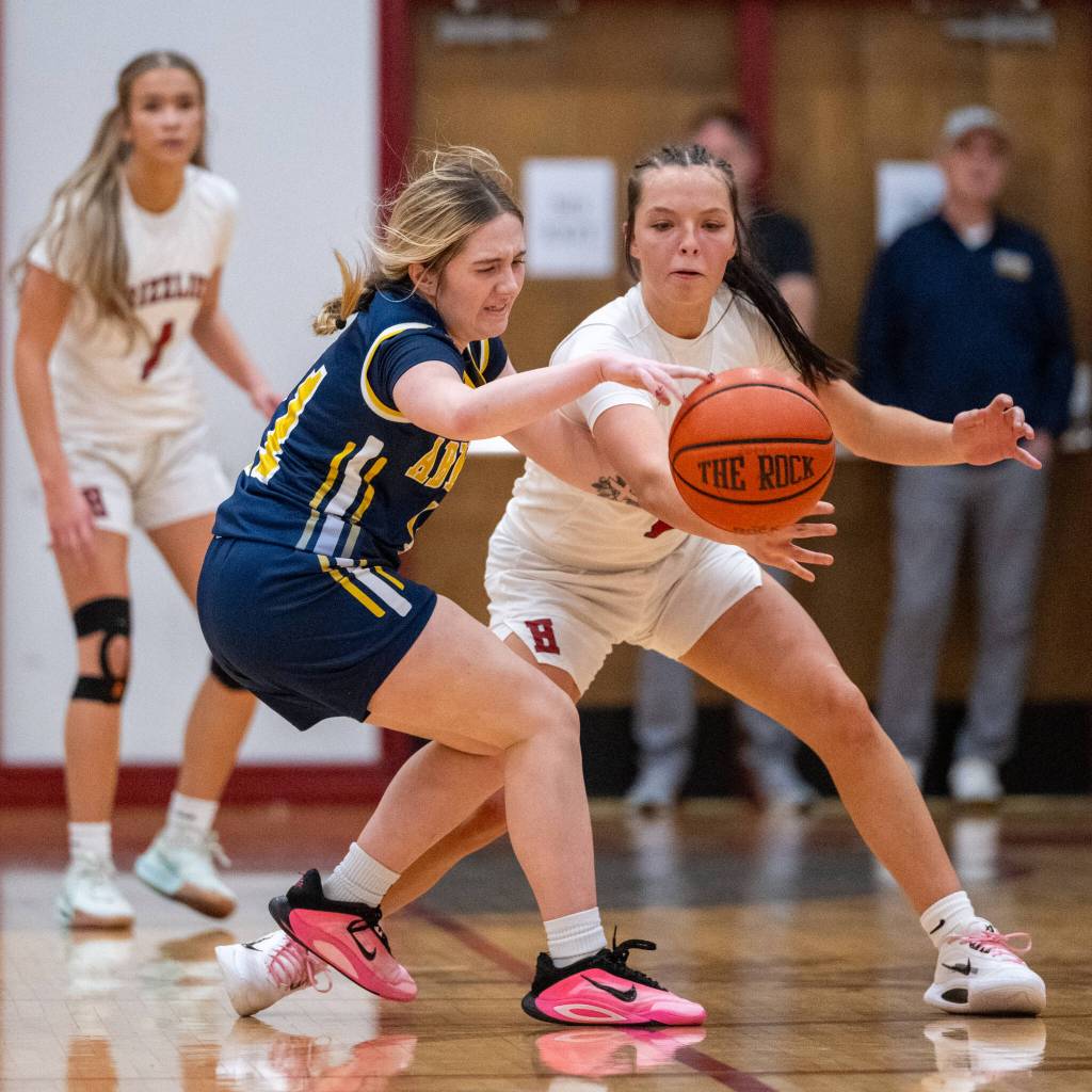 PHOTO BY FOREST WORGUM 
Hoquiams Lexi LaBounty (right) steals the ball against Aberdeens Kensie Ervin during the Grizzlies 59-36 victory on Thursday at Hoquiam High School.