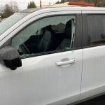A punched out window in the lot of Five Star Dealership on Wishkah Avenue.