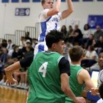 RYAN SPARKS | THE DAILY WORLD Elmas Isaac McGaffey (3) pulls up for a jump shot during a 62-50 loss to Tumwater on Tuesday at Elma High School.