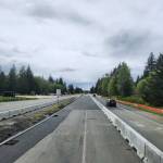 WSDOT photos
On the morning of May 1, crews moved one lane of U.S. Highway 12 onto the new westbound bridge over Camp Creek near Montesano. This was the first of six new bridges completed between Montesano and Elma. Once crews reconfigured the temporary median lane, both directions of travel shifted onto the new bridge for about a year.