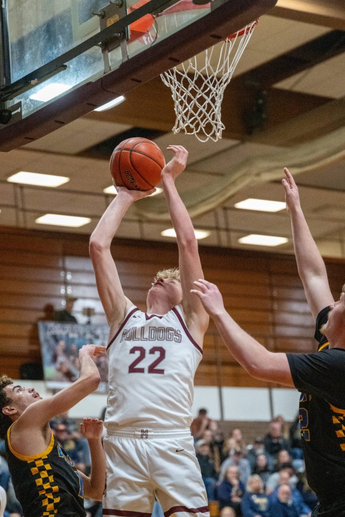 PHOTO BY FOREST WORGUM Montesanos Mason Fry (22) scores from inside during a 63-53 loss to Aberdeen on Monday at Montesano High School.
