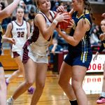 PHOTO BY FOREST WORGUM
Montesano's Josie Forster (left) and Aberdeen's Sawyer Shoemaker compete for possession during the Bulldogs' 50-30 victory on Monday at Montesano High School.