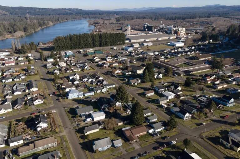 Nick Wagner / The Seattle Times
The defunct Cosmo Specialty Fibers plant is seen near the Chehalis River in Cosmopolis.