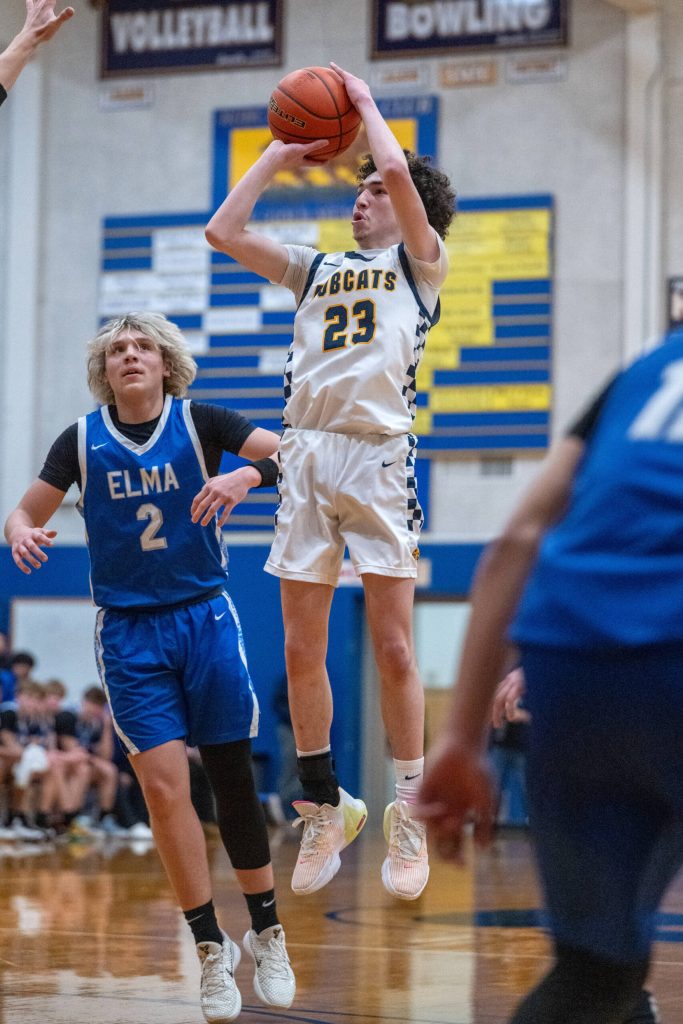 PHOTO BY FOREST WORGUM Aberdeens Jhacob Quezada (23) hits a 3-pointer while defended by Elmas Tanner Moe during the Bobcats 68-66 loss on Tuesday at Aberdeen High School.