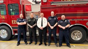 Captain James Kuchciak (from left), Battalion Chief Tony Broten, Chief McNutt, Captain Scott McClaine, Captain James Sande . (Grays Harbor Fire District 2)