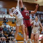 PHOTO BY FOREST WORGUM Montesanos Addisyn Williamsen and Hoquiams Aaliyah Kennedy compete for a rebound during the Grizzlies 40-28 win on Friday in Montesano.