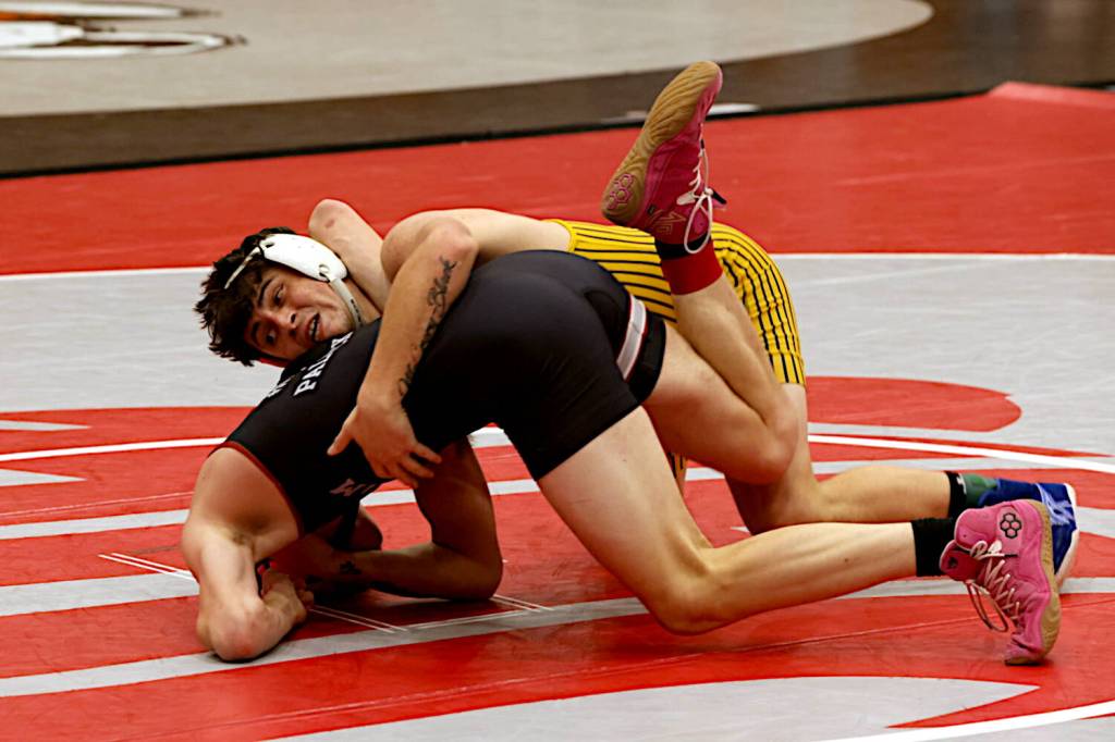 ERICA MCCRORY | MCCRORY PHOTOGRAPHY Aberdeens Glenny Black (top) won the 150-pound weight class at the Ron Baze Memorial Invitational on Saturday at Hoquiam High School.