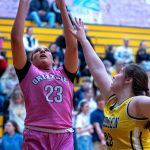 PHOTO BY FOREST WORGUM Hoquiams Aaliyah Kennedy (23) shoots against Aberdeens Bentley Brown during the Grizzlies 61-35 win on Monday in Aberdeen. Kennedy led all scorers with 26 points.