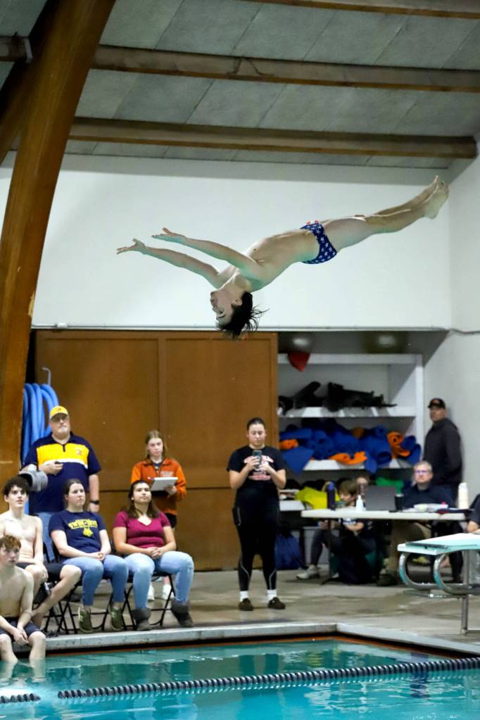 PHOTO BY DENNIS NELSON Aberdeens Zeke Olson completes a dive during a 57-38 win over Centralia on Monday in Centralia.