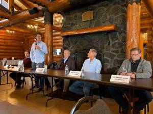 Jerry Knaak / The Daily World
Rep. Joel McEntire makes remarks at the Greater Grays Harbor, Inc. Coastal Caucus legislative send-off at the Rotary Log Pavilion in Aberdeen.