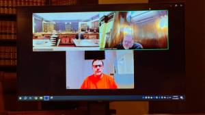 Chinook Observer
Making his initial appearance via live-feed video from Pacific County Jail (as is customary), Jeffrey Archers bail was set at $500,000 by Superior Court Judge Don Richter (upper right frame). The case attracted coverage by Seattle and Portland TV crews.