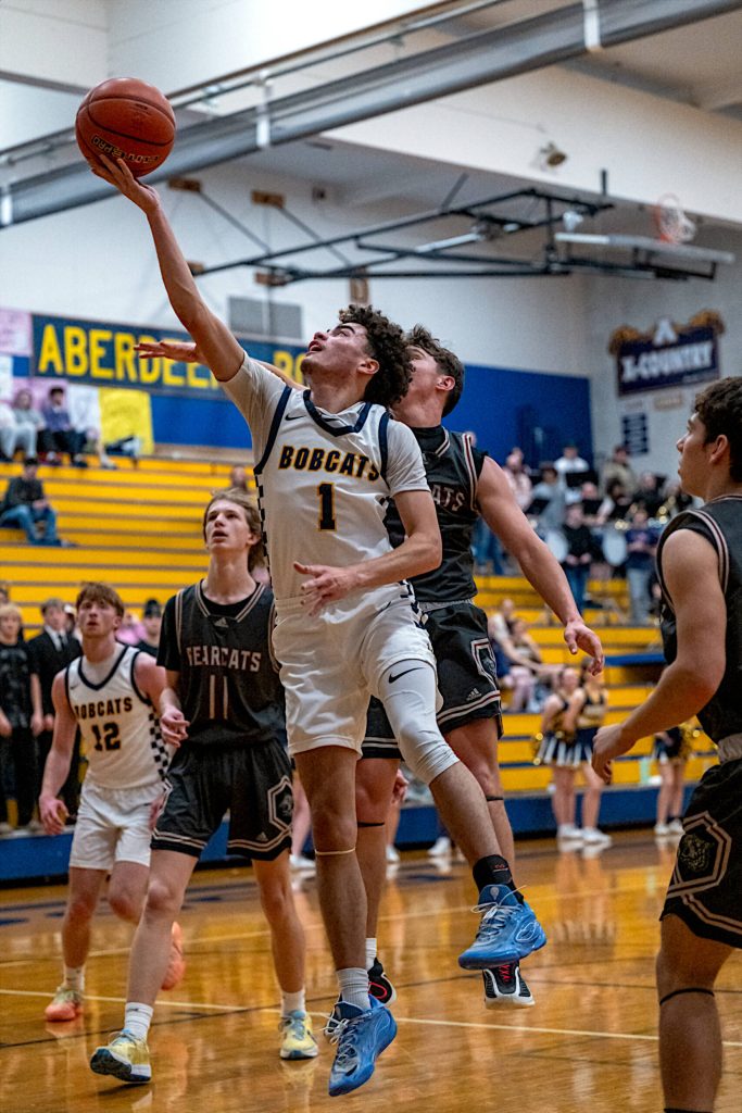 PHOTO BY FOREST WORGUM Aberdeens Isaac Garcia lays the ball up during the Bobcats 62-51 win over W.F. West on Tuesday in Aberdeen.