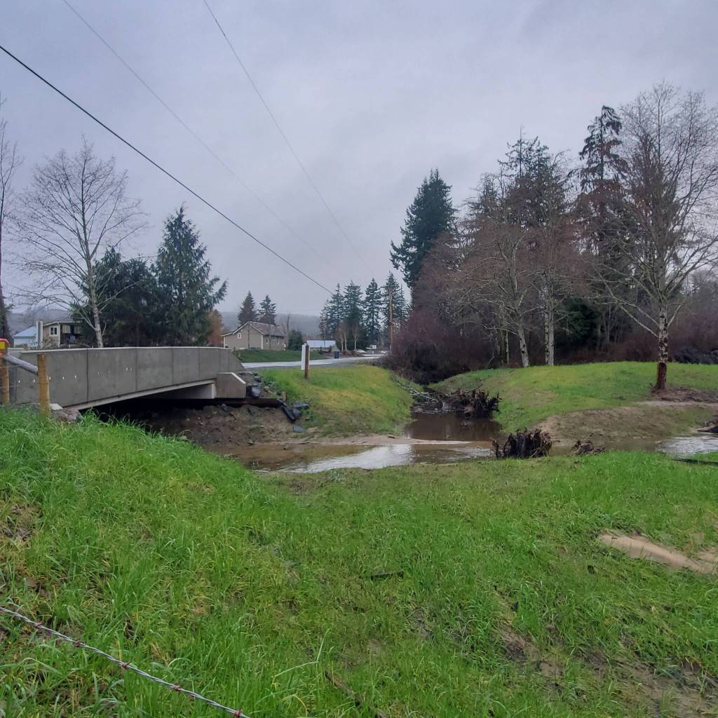 Andrea Watts / The Daily World
Although the banks of Camp Creek are lacking vegetation now, after the planting party scheduled for Feb. 7, the bank will be filled with willow, red osier dogwood, and spruce, Douglas-fir, and western redcedar seedlings. On the other side of the bridge, the creek channel has also responded to the increased flow.