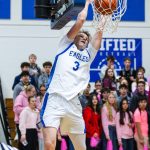PHOTO BY MIKE ROBERTS Elma senior Isaac McGaffey (3) throws down a dunk in the fourth quarter of a 60-44 victory over Montesano on Wednesday at Elma High School.