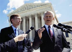 Office of the Secretary of State
Attorney General Rob McKenna, left, and Secretary of State Sam Reed brief reporters outside the U.S. Supreme Court after arguing Washingtons case for the Top 2 primary in 2007.
