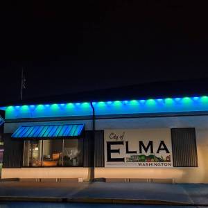 The city of Elma decorated city hall in green and blue lights and hung a Seahawks flag. (Andrea Watts / The Daily World)