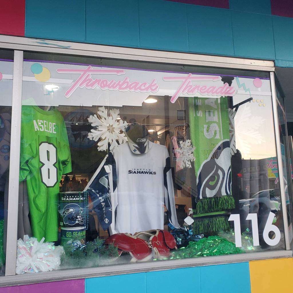 Seahawks gear visible in a storefront in Aberdeen. (Andrea Watts / The Daily World)