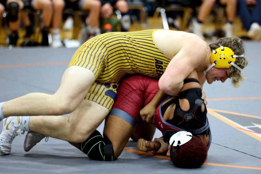 ERICA MCCRORY | MCCRORY PHOTOGRAPHY Aberdeens Jimmie Gertson (top) controls his opponent during a duals match at the WSWCA 2A Boys State Duals Championships on Saturday in Orting.
