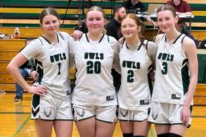 PHOTO COURTESY OF KRISTIN MASTELLER Mary M. Knight seniors (from left) Cloey Fletcher, Maelynn Nygaard, Carissa Reeves and Andiana Ziegler pose for a photo ahead of a 46-39 Senior Night victory over Oakville on Wednesday in Matlock.