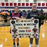 SUBMITTED PHOTO 
Ocosta junior Elly Mirante (left) broke the school record for rebounds in a season previously held by Kristi Raffelson (right) in a loss to Willapa Valley on Thursday at Willapa Valley High School. Mirante finished the season with 322 rebounds.