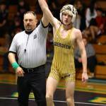 ERICA MCCRORY | MCCRORY PHOTOGRAPHY Aberdeens Ryder Lessard has his hand raised after defeating W.F. Wests Colton Withrow 5-1 in the 113-pound finale of the 2A Evergreen Conference Championships on Saturday in Tumwater.