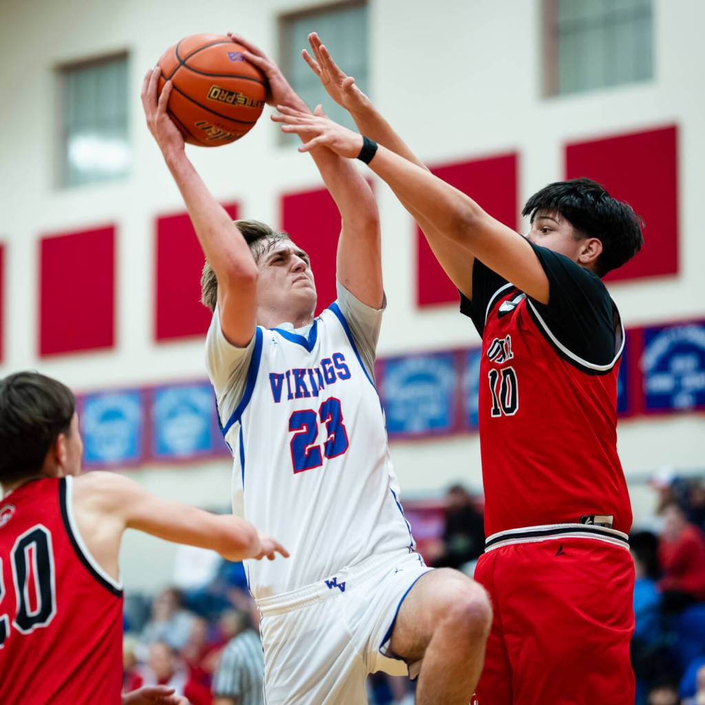 PHOTO BY MATT RUMBLES Willapa Valleys J.B. Russell (23) scored a game-high 29 points in an 83-36 win over Oakville in a 1B District 4 Tournament game on Wednesday at Willapa Valley High School.