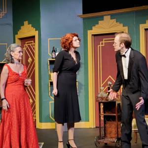 Andrea Watts / The Daily World
Kongs Night Out depicts whats happening in the hotel room adjacent to the room where Ann Darrow is staying in before shes abducted by King Kong. The first act features producer Myron Siegal (Jake Blood) bemoaning to his mother, Sally Charmaine, (Monica Ewing) and his wife, Bertille Siegel, (Libby Carrico) that hell be financially ruined because Carl Dennam is staging a competing production across the street.