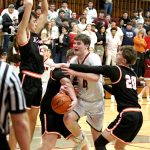 RYAN SPARKS | THE DAILY WORLD Hoquiams Joey Bozich (4) is fouled during a 48-39 loss to Kalama in a 1A District 4 Tournament game on Thursday at Hoquiam High School.