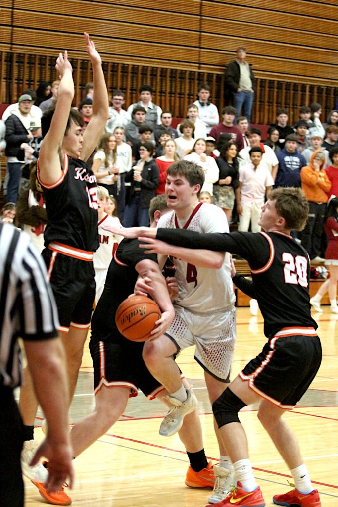 RYAN SPARKS | THE DAILY WORLD Hoquiams Joey Bozich (4) is fouled during a 48-39 loss to Kalama in a 1A District 4 Tournament game on Thursday at Hoquiam High School.