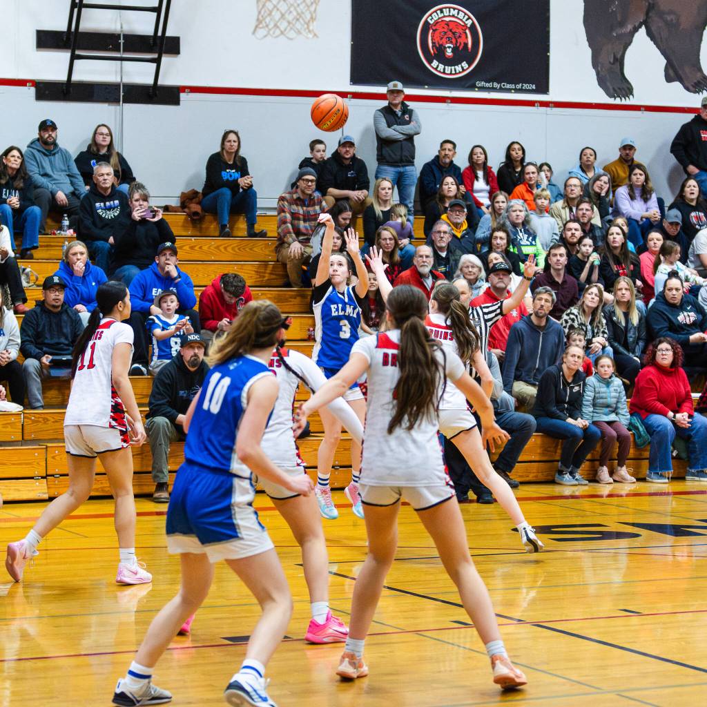PHOTO BY MIKE ROBERTS Elmas Kenna Monroe (3) puts up a shot during a 44-43 loss to Columbia (White Salmon) in a 1A District 4 Tournament game on Friday at Columbia High School.