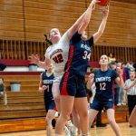 PHOTO BY FOREST WORGUM Hoquiams Sydney Gordon (42) competes for a rebound against Kings Way Christians Addison Bagley during the Grizzlies 35-28 win in a 1A District 4 Tournament game on Friday at Hoquiam High School.
