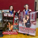 SUBMITTED PHOTO Hoquiams Meribel Mazariegos (left) and Emily Brodhead each recorded the 100th victories of their prep careers at the WIAA District 4 Girls 1B/2B/1A Tournament on Saturday at Montesano High School.