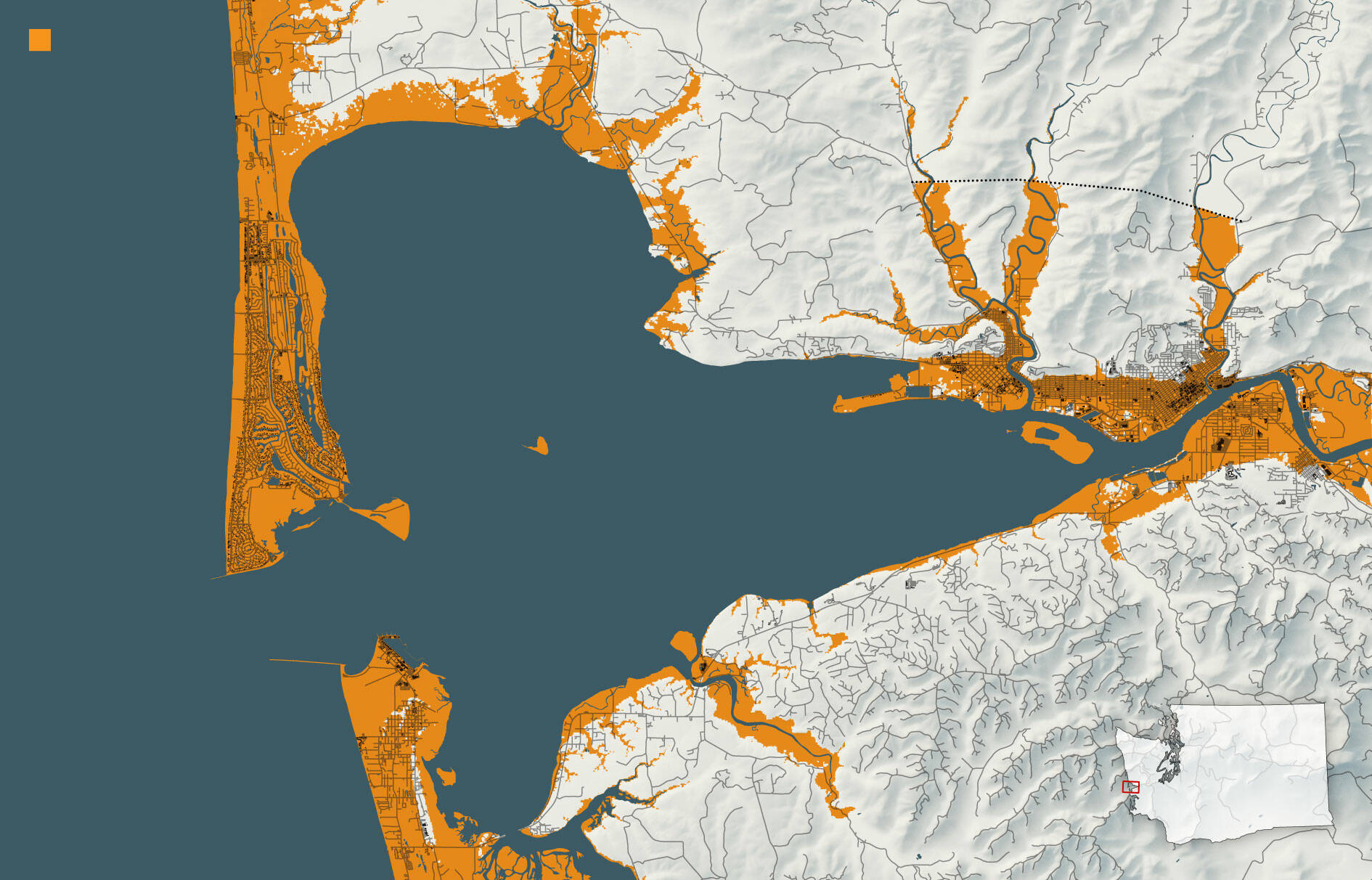 Washington Geological Survey, Department of Natural Resources
The orange areas show what may be flooded if there was a 9.0 earthquake along the Cascadia subduction zone, according to the tsunami model used by Washington State researchers.