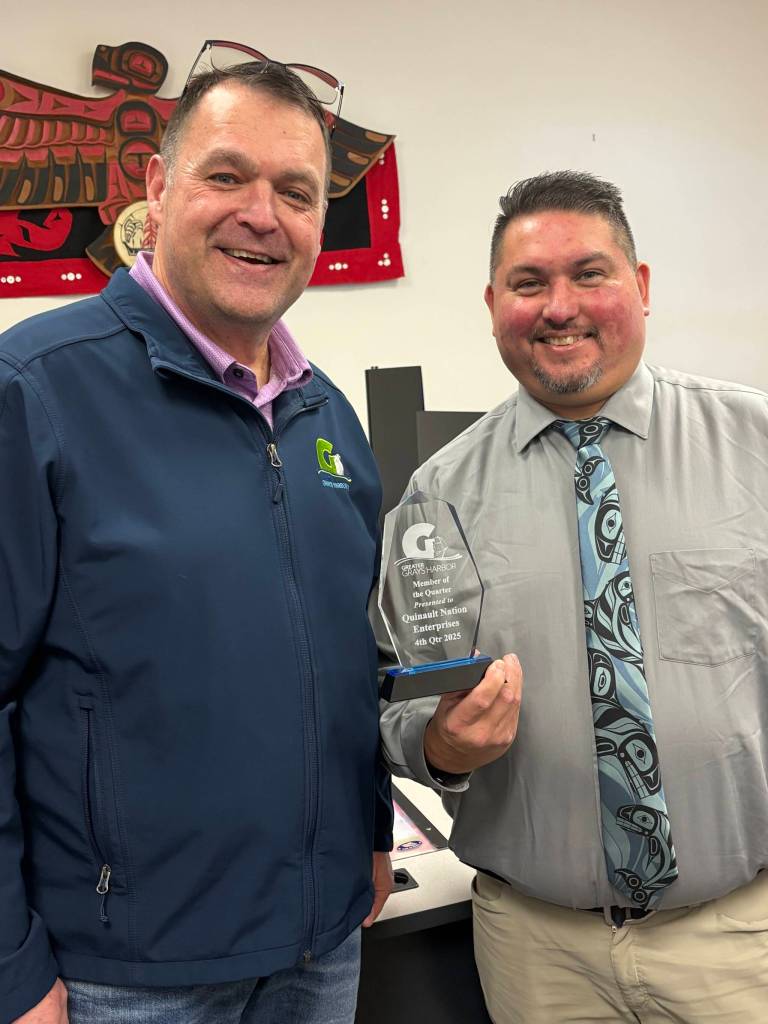 Jerry Knaak / The Daily World
Greater Grays Harbor, Inc. CEO Darrin Raines poses for a photo with Quinault Enterprise Board Chair Pierre Augare.