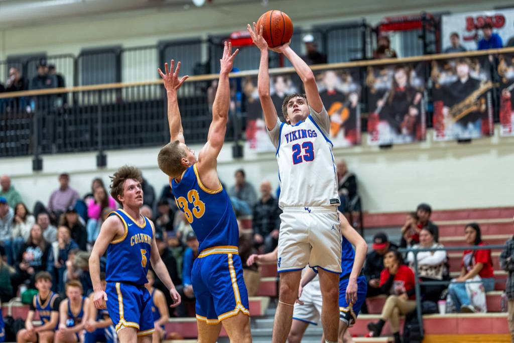 PHOTO BY MATT RUMBLES Willapa Valleys J.B. Russell puts up a shot during a 60-46 victory over Columbia Adventist Academy in a 1B District 4 semifinal game on Wednesday at Toledo High School.