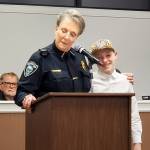 Andrea Watts / The Daily World
In her presentation to the Elma City Council on Feb. 17, Police Chief Susan Shultz recognized the youth of the community, and one young man in particular, whom she invited to join her at the podium. There were many days that Andrew and his sisters would see me coming down the street, and they would run out to meet me. Theyd collect their stickers and share with me how many cars had failed to stop at the stop sign or had been traveling a little bit too fast on Young Street, Shultz said. Andrew is a special person to me. He is one of the politest, kindest, generous young persons you could ever meet.