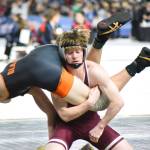 PHOTO BY SUE MICHALAK BUDSBERG Montesanos Alex Salstrom (facing) wrestles Blanes Matt Campion during a 138-pound match at the 1A Mat Classic state-wrestling tournament on Friday at the Tacoma Dome.