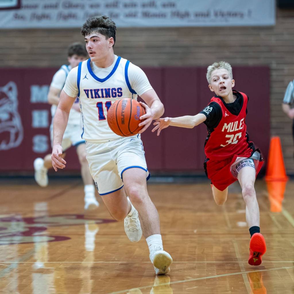 PHOTO BY MATT RUMBLES Willapa Valleys Lucas Lusk (left) dribbles up court while Wahkiakums Max Ohrberg pursues during the Vikings 63-60 loss in the 1B District 4 championship game on Saturday at Montesano High School.