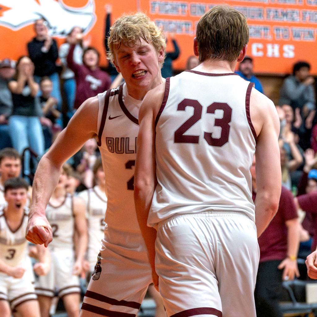 PHOTO BY FOREST WORGUM Montesanos Mason Fry congratulates teammate Caden Grubb (23) during the Bulldogs 59-55 loss in the 1A District 4 championship game on Saturday at Centralia High School.