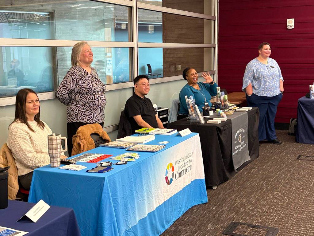 Representatives of several state agencies presented their materials at the Small Business Requirements and Resources workshop at Grays Harbor College. (Jerry Knaak / The Daily World)