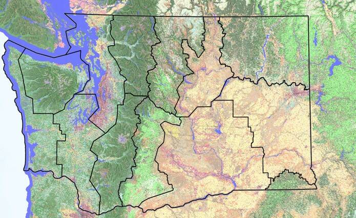 Washington Department of Natural Resources
To develop the statewide wildlife hazard map, the state is divided into fire reference areas, and inputs into the FSim: The Large Fire Simulator tool, such as fuel type, topography and historic weather and fire danger data are specific for that reference area.