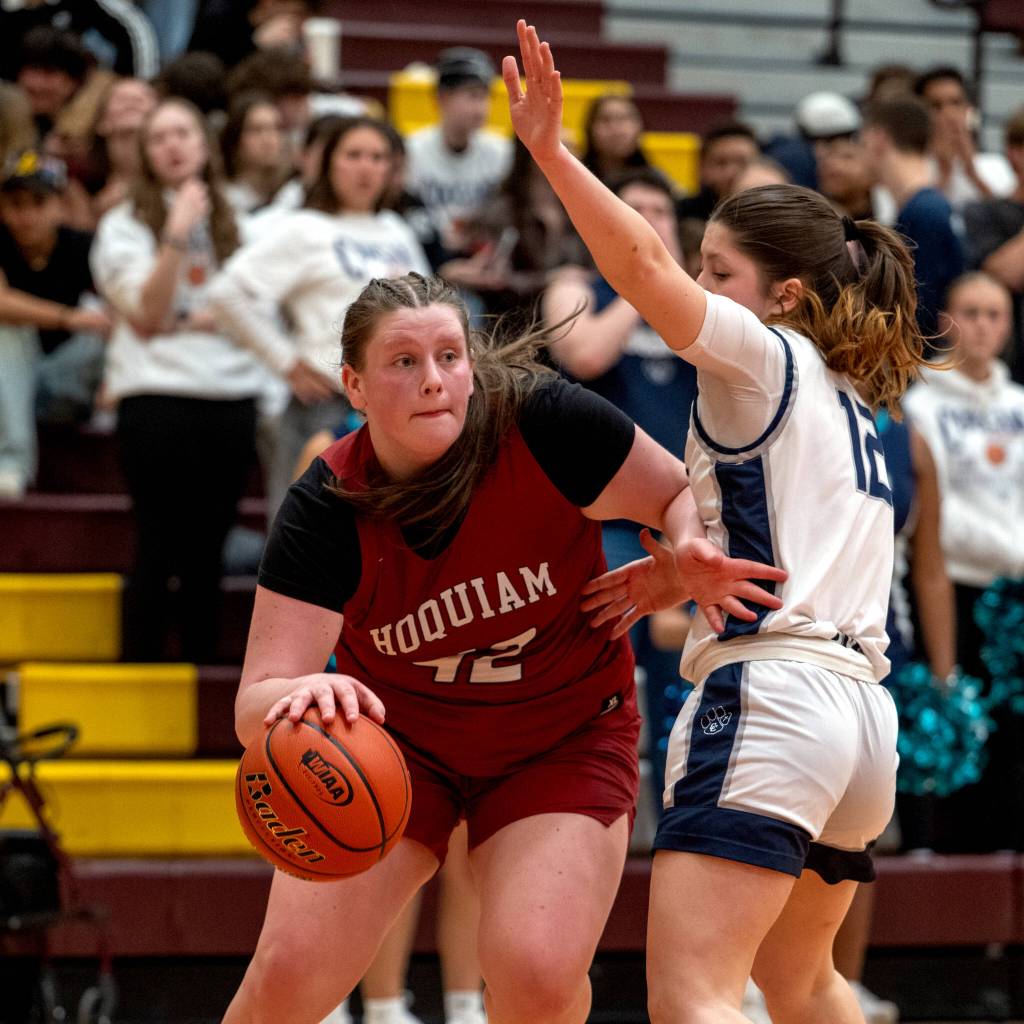 PHOTO BY FOREST WORGUM 
Hoquiam senior Sydney Gordon (left) works to get around Cascade Christians Peyton Gray during a 47-37 loss in a 1A State Tournament opening-round game on Friday at Mount Tahoma High School in Tacoma.