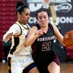 PHOTO BY FOREST WORGUM Montesano guard Makena Blancas (21) dribbles up the court during a 47-33 loss to Annie Wright in a 1A State Tournament Round of 12 game on Wednesday at the SunDome in Yakima.