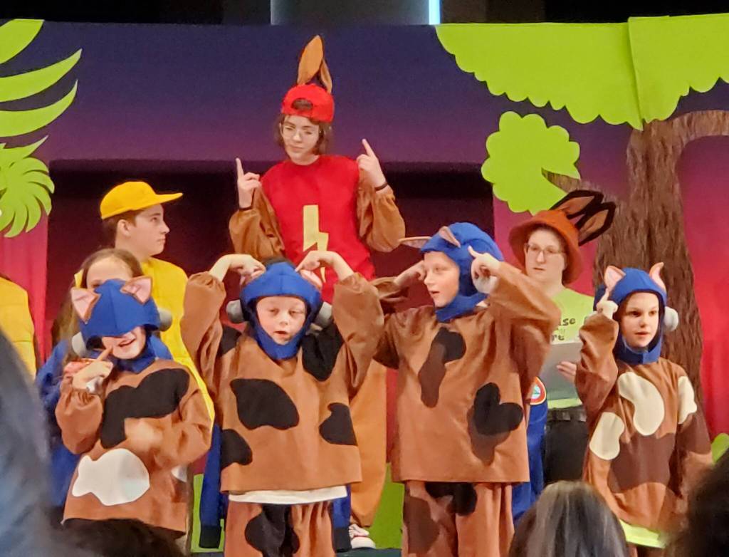 Andrea Watts / The Daily World
Among the characters featured in The Tortoise and the Hare were the moon manx, which were played by the youngest students. The manx cats were being trained to go into space because they didnt have any tails, and one of the songs included the lyric, What are the odds that cats would go to space?