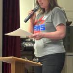Stacie Barnum speaks on behalf of PAWS of Grays Harbor at the 100+ Harbor Women Who Care March 2026 giving event.
