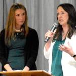 Franzine Potts (left) and Alissa Shay served as emcees for the 100+ Harbor Women Who Care March 2026 giving event.