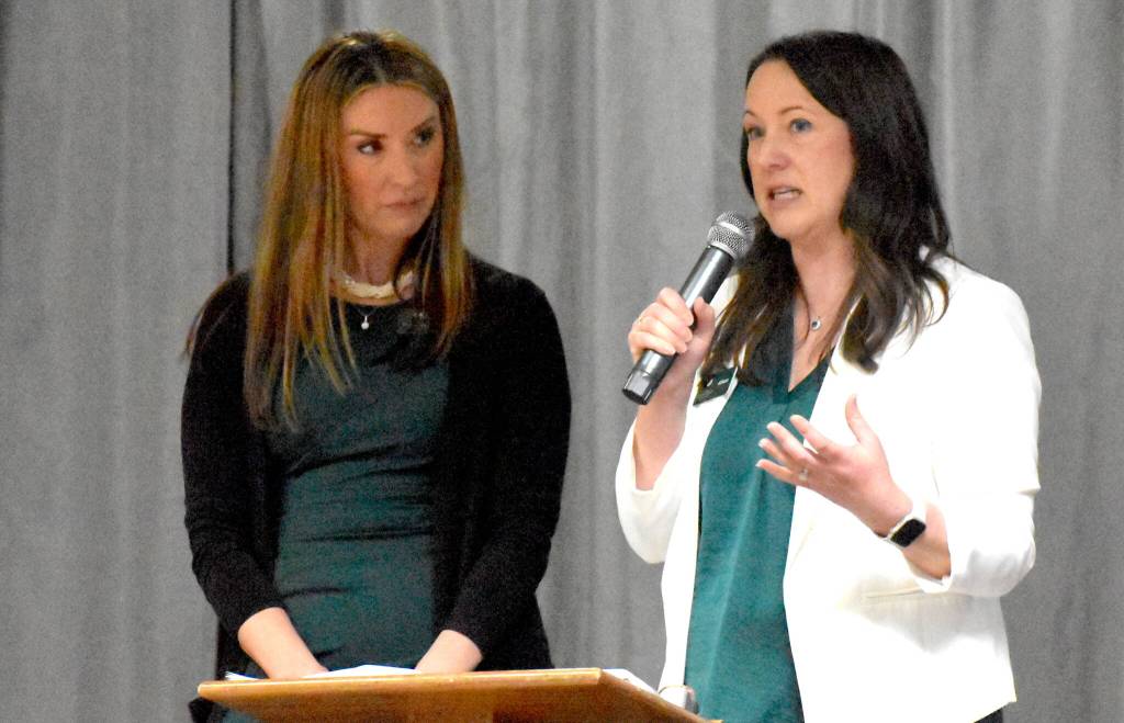 Franzine Potts (left) and Alissa Shay served as emcees for the 100+ Harbor Women Who Care March 2026 giving event.