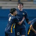 PHOTO BY FOREST WORGUM Aberdeens Gibran Garcia (8) celebrates a goal with teammate Yoanis Chignesse during the second half of the Bobcats 3-1 win over Elma on Thursday in Aberdeen.