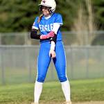 CHRYSTAL WELD PHOTOGRAPHY Elmas Ashlynn Weld stands on third base during a 14-0 win over Rochester on Monday at Rochester High School.